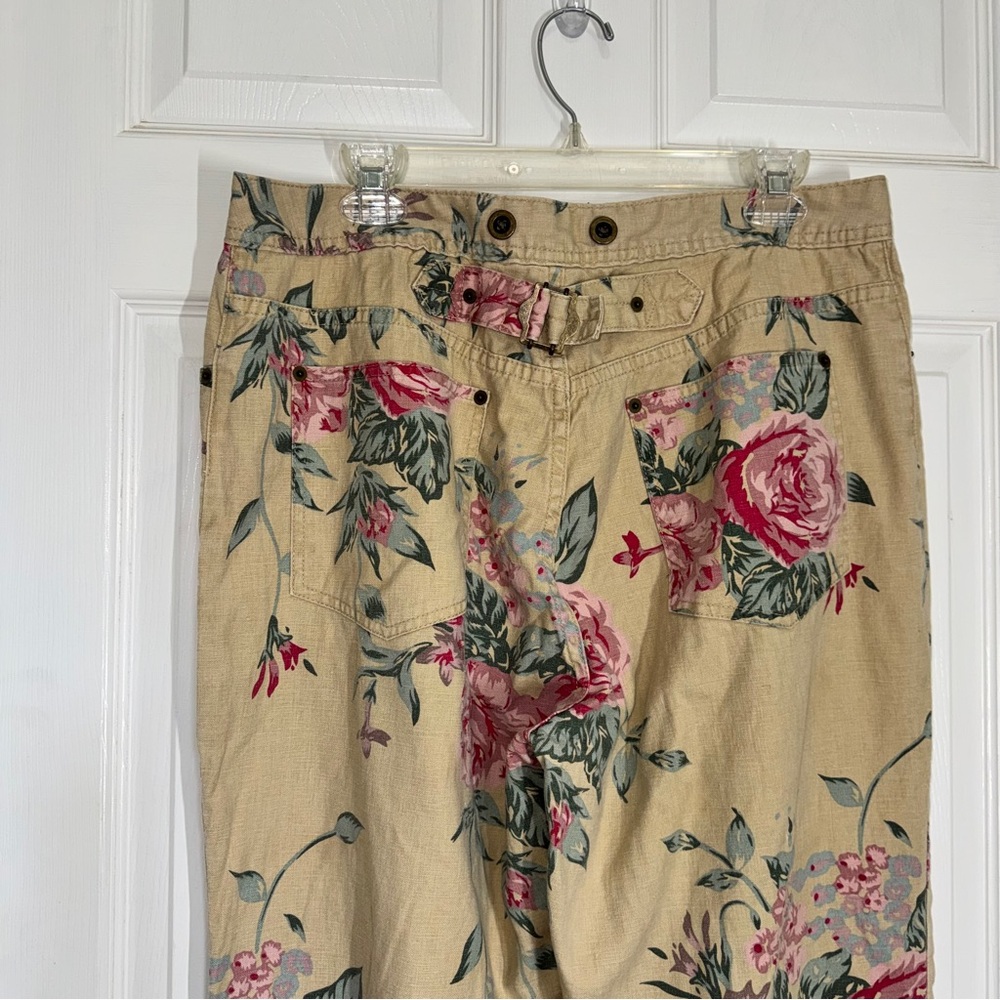 Hunt Club Cream Beige and Pink Floral Cotton Linen Wide Leg Pants size 16 - Picture 7 of 11